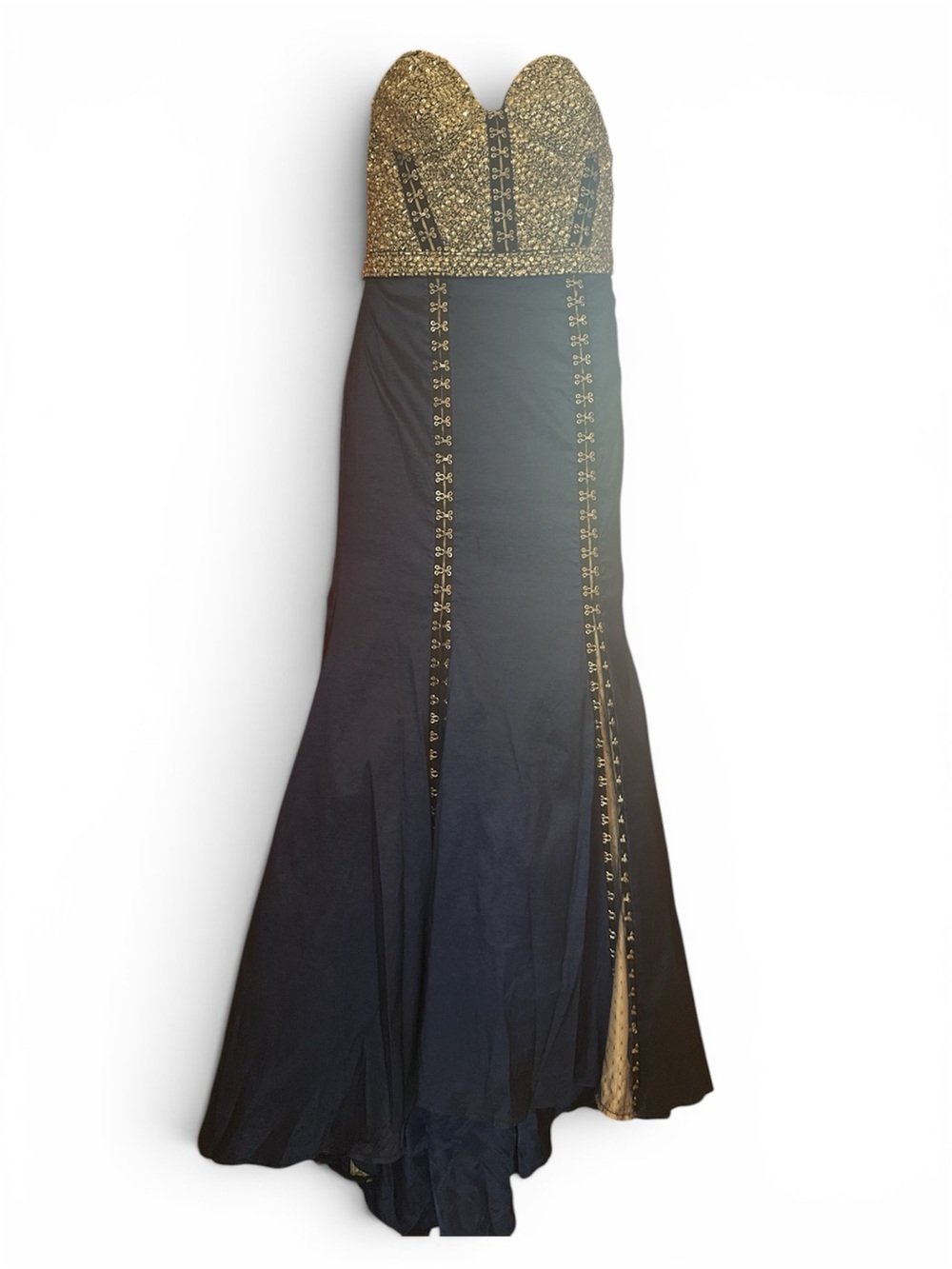 Strapless Black and Gold Sequin-Embellished Prom Dress
